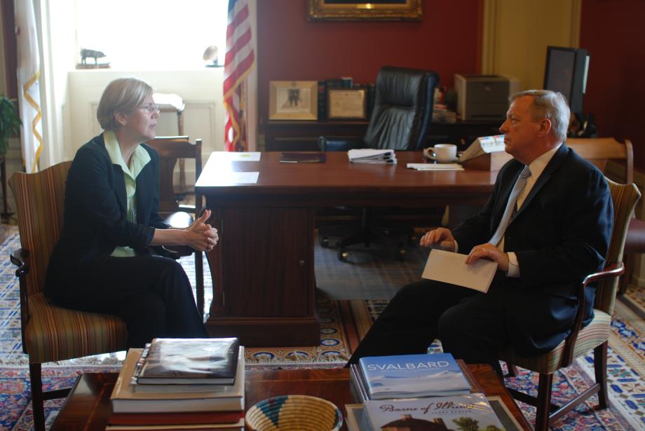 Durbin met with Elizabeth Warren, Chair of the Congressional Oversight Panel on the Troubled Assets Relief Program, to discuss the new Wall Street reform law.